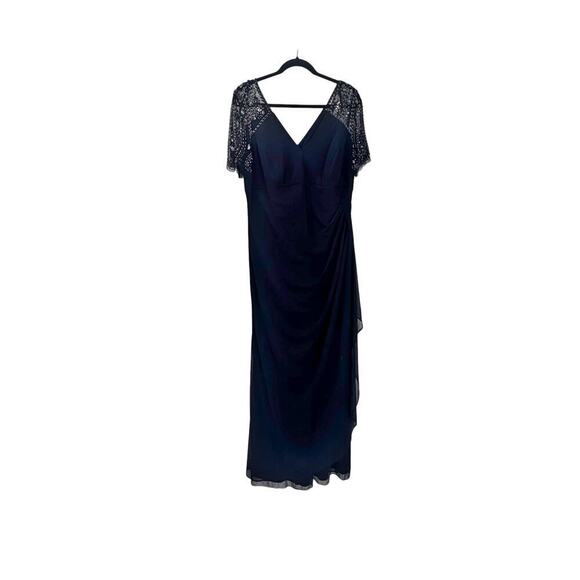 Xscape Beaded Sheer Flutter Sleeve Cascading Draped Waist Gown Navy Size 16 NWT - Picture 6 of 12